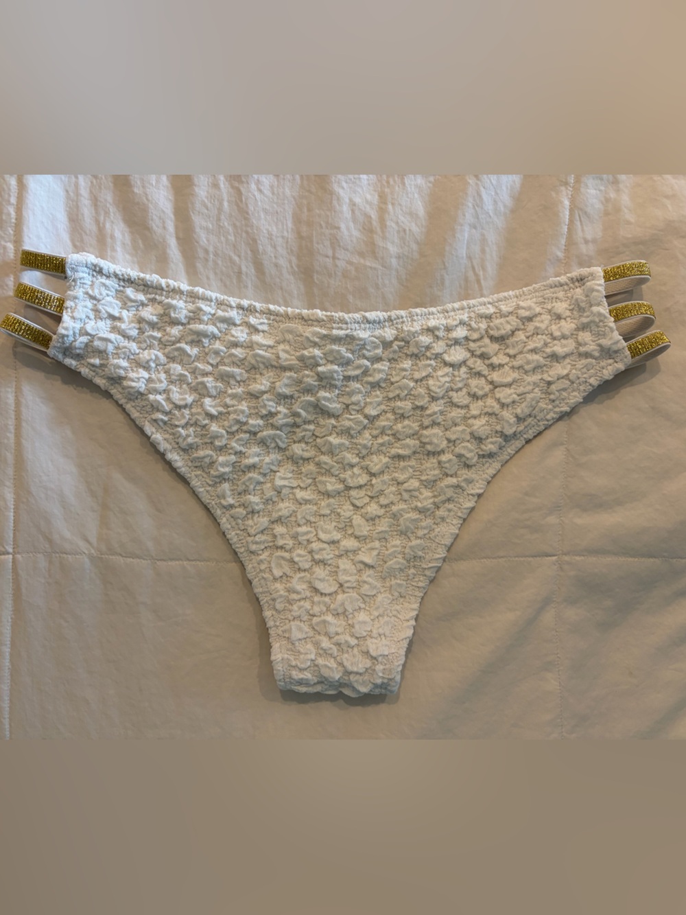 White Textured women’s Bikini Bottom with Gold Accent Straps - Picture 4 of 8